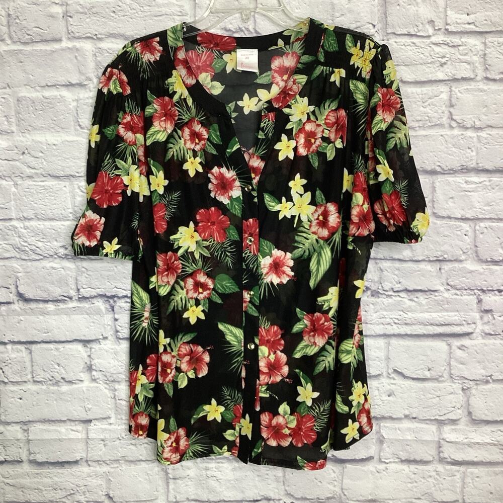 Women’s Short Sleeve Semi-Sheer, Aloha Beach Button Up Blouse Size 2X Hawaiian